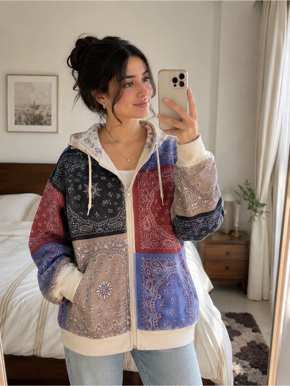 Forever 21 Patchwork Bandana Hoodie - Cream, Black, Blue, Red
